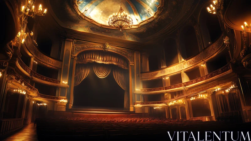 Grand baroque theater interior glows under cinematic lighting