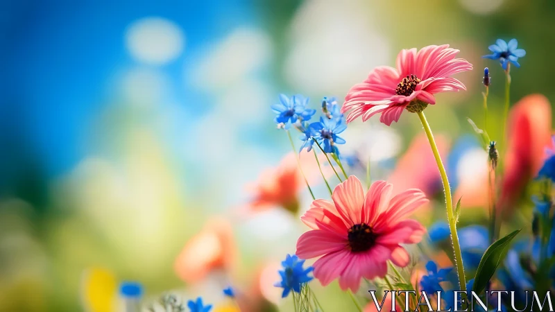 Vibrant Pink Daisies Bloom Among Blue Flowers