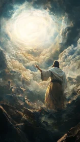 Robe-clad figure stands amid ruins beneath radiant sky vortex