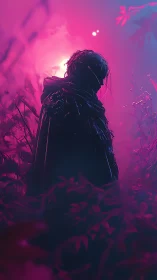 Mystery wanderer rests in glowing pink and purple forest night