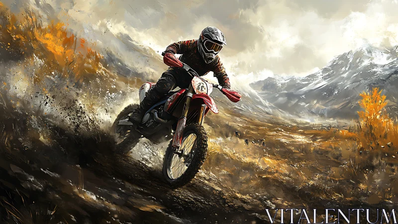 Motocross rider accelerates through muddy mountain trail
