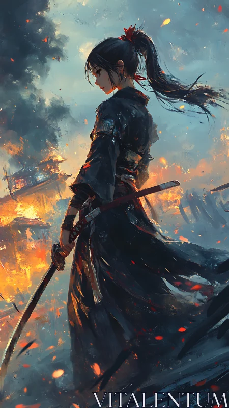 Samurai heroine stands amid burning battlefield in painterly light