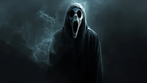Hooded spectral figure with screaming skull mask in smoke.