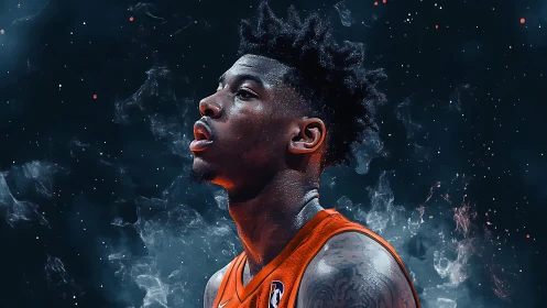 Basketball portrait glows within cosmic smoke backdrop.