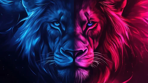 Bicolored lion portrait in blue and magenta digital lighting.