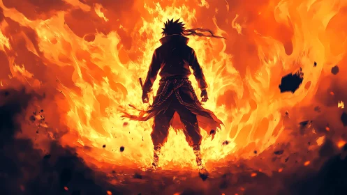 Silhouetted anime warrior advances through engulfing inferno