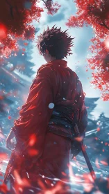 Scarlet ronin beneath drifting blossoms in misted shrine garden.