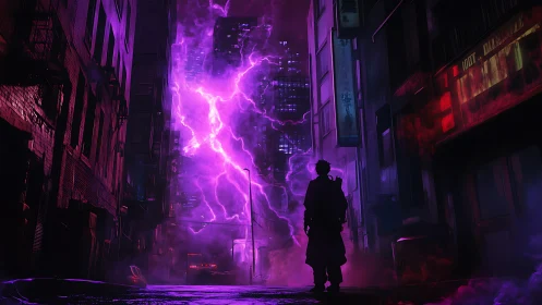 Lone figure confronts violet lightning storm in neon alley
