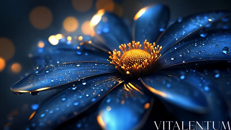 Blue Flower with Golden Center and Water Droplets