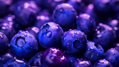 Close-up macro shows wet blueberries in vivid purple light