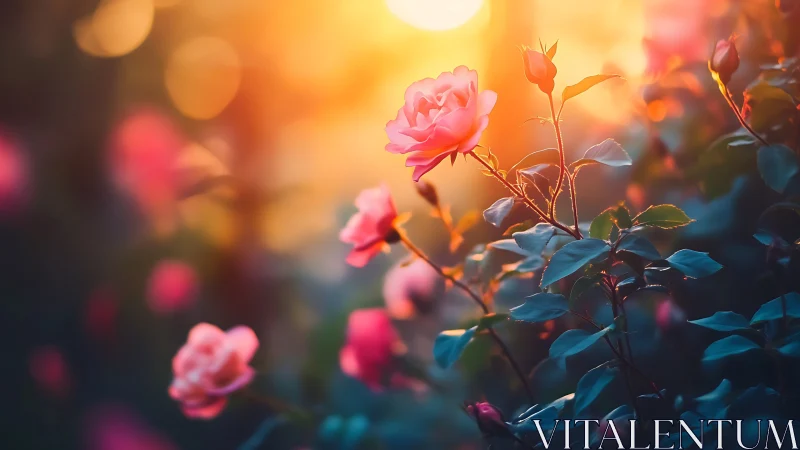 Golden Hour Garden. Pink Roses Bathed in Warm Sunset Light.