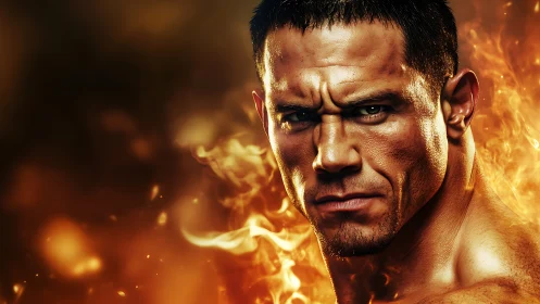Muscular male portrait burns against vivid swirling flames
