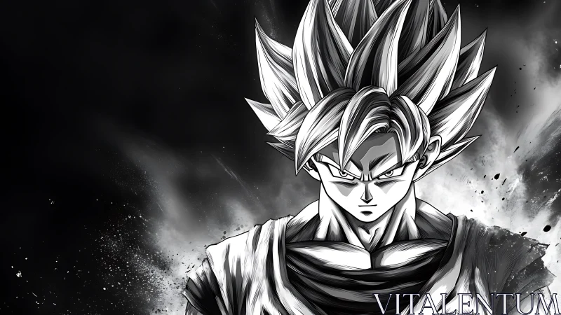 Monochrome spiked‑hair anime figure faces front in chiaroscuro