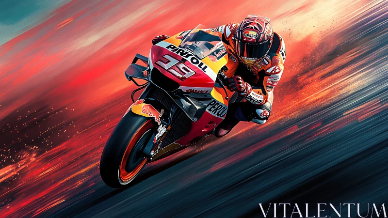 Velocity carves fire-streaked arcs around racing motorcyclist