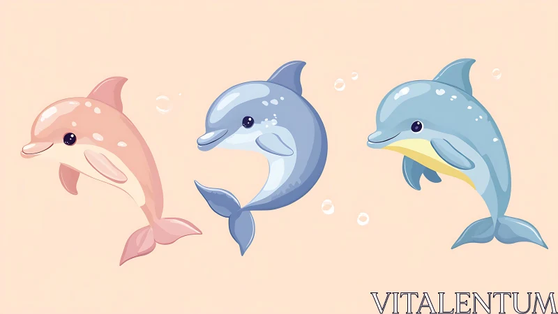Joyful cartoon dolphins swim together in soft pastel colors