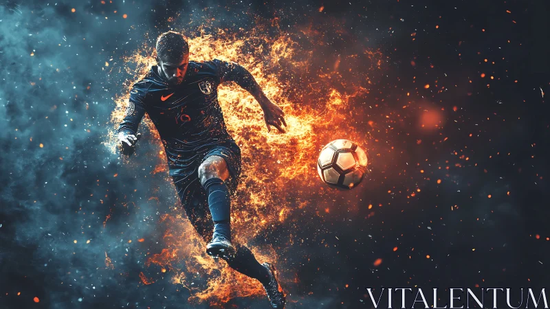 Soccer player in motion with fiery visual effects applied.