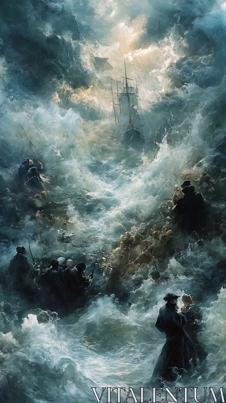 Storm-tossed ship and gathering souls in luminous chaos.
