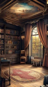 Sunlit baroque library interior with ornate painted ceiling.