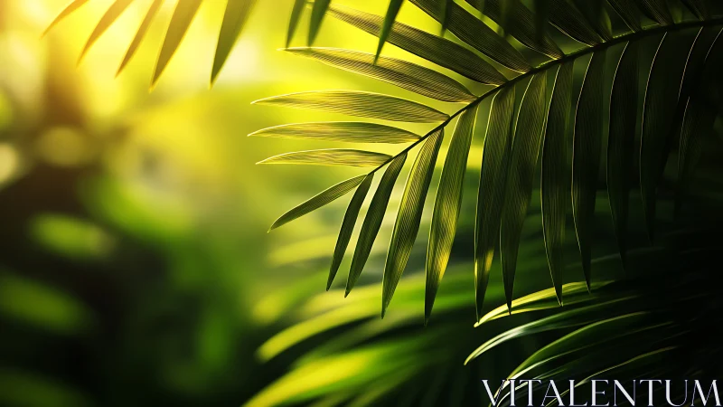 Sunlit jungle fronds whispering in painterly green hush.