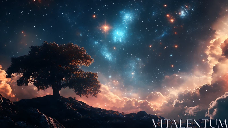 Silhouetted lone tree beneath nebular night sky in digital painting