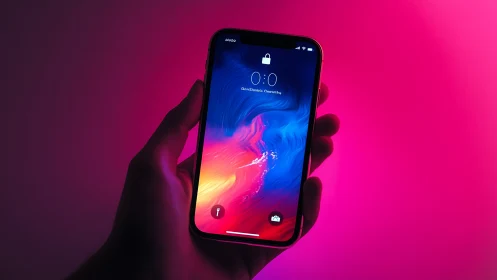 Neon liquid flows through glowing smartphone display.