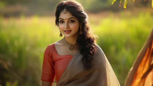 Portrait of woman in traditional saree at golden sunset.