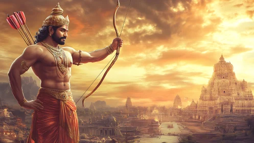 Sunlit warrior archer guarding a golden mythic temple city.