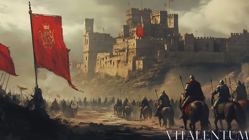 Armored cavalry siege column advancing on fortified citadel.