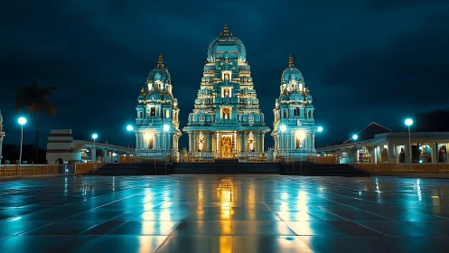 Illuminated temple complex stands against overcast night sky