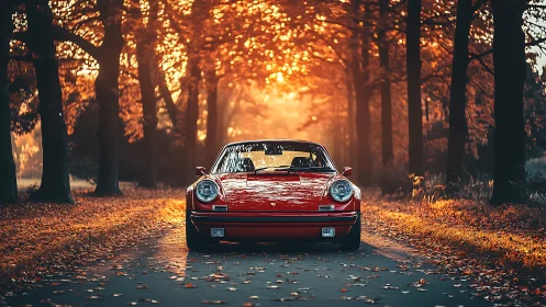 Red classic sports car on forest road at autumn sunset.