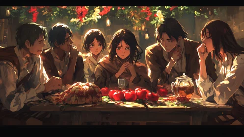 Candlelit harvest supper with pensive friends in anime style.