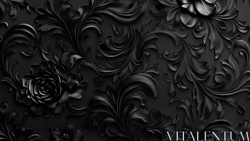 Monochrome baroque floral relief in sculpted black petals.
