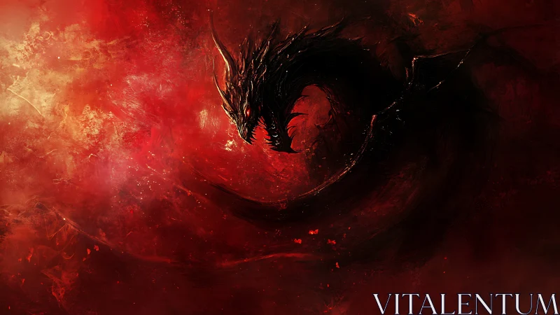 Coiled shadow dragon emerges within turbulent crimson void