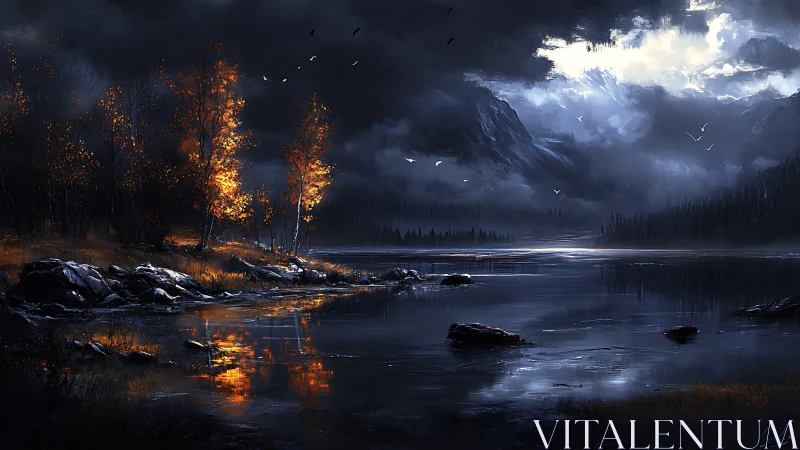 Stormlit alpine lake reflects fiery autumn trees at dusk