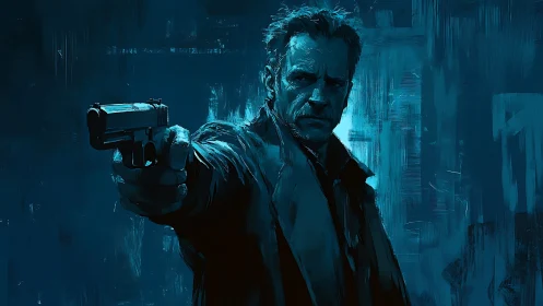 Weathered detective stands firm in a tense blue standoff.