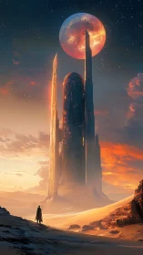 Lone wanderer approaches a colossal tower under a burning moon