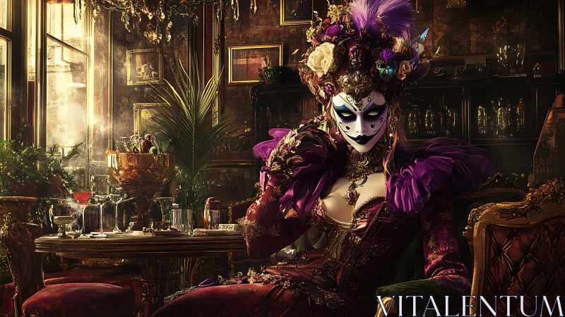 Digital baroque masquerade portrait in opulent salon setting.