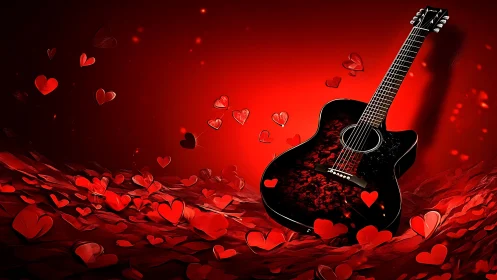 Crimson Serenade: Acoustic Guitar Drowning in Love's Radiant Glow.