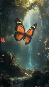 Monarch butterfly glows over mystical jungle waterfall.