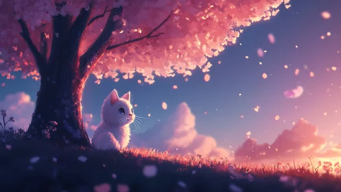 Stargazing cherry blossom kitten under a cotton candy sky.
