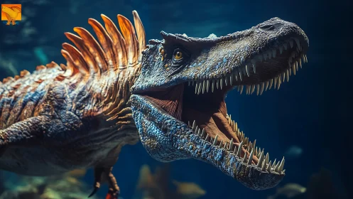 Razor-toothed river tyrant roars through shadowed depths.