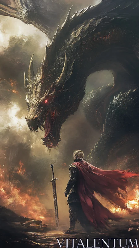 Hero in crimson cape meets roaring dragon amid fire