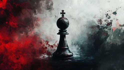 Chess king silhouette amid red and white abstract smoke