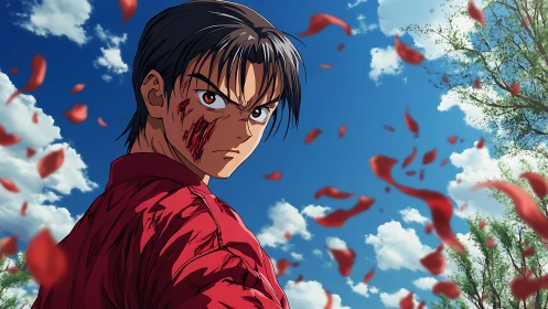 Battle-scarred anime warrior under vivid blue spring sky.