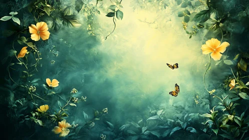Enchanted yellow blooms frame butterflies in glowing mist.