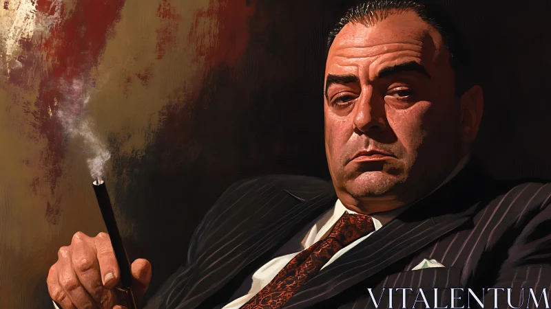 Stoic mob boss portrait holding cigarette in dim light