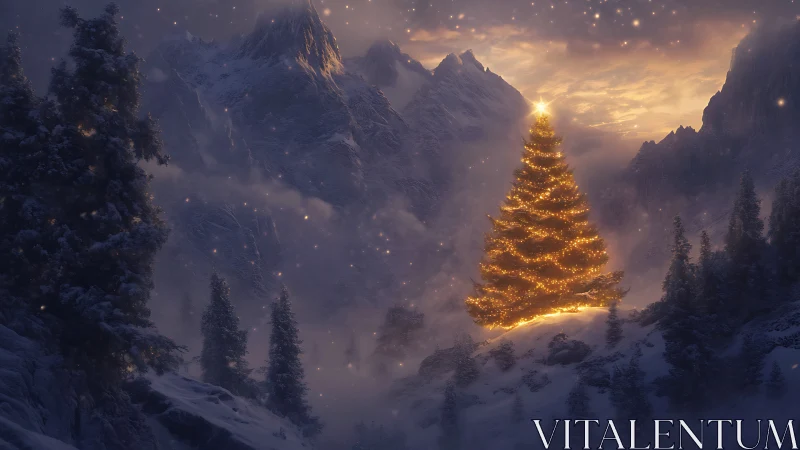 Luminous alpine fir illuminated against twilight mountain fog.