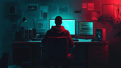 Programmer sits at triple-monitor desk in neon-lit room