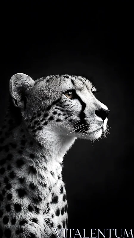 Profiled cheetah portrait in dramatic monochrome light.