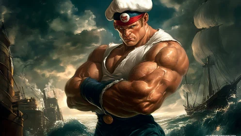 Muscular sailor stands at sea between warships and sails.
